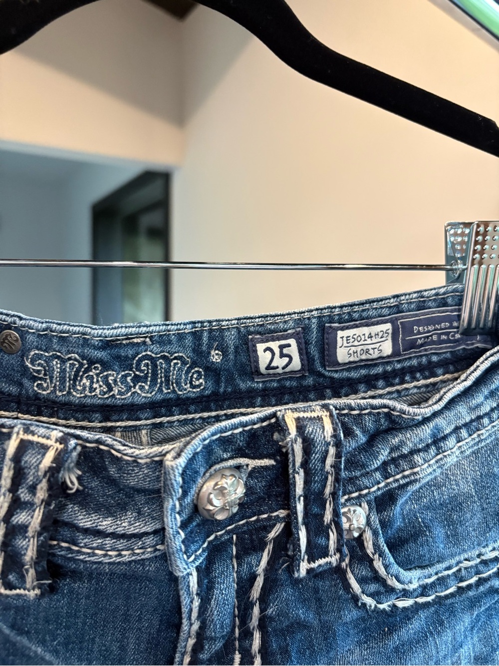 Miss Me Blue Distressed Embroidered Denim Cutoff Shorts - Picture 4 of 5